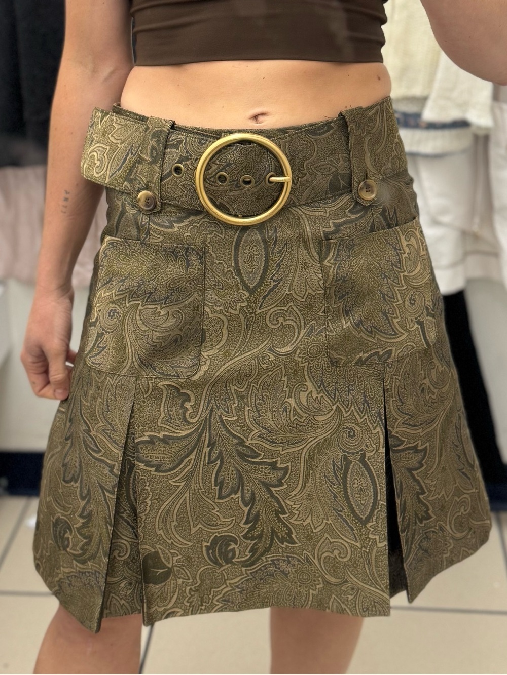 Michael Kors Olive Paisley Belted Mini Skirt with Gold Buckle